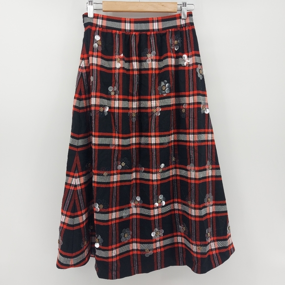 Anthropologie Maeve Embellished Plaid Skirt Black and Red Size 4 - Picture 5 of 10